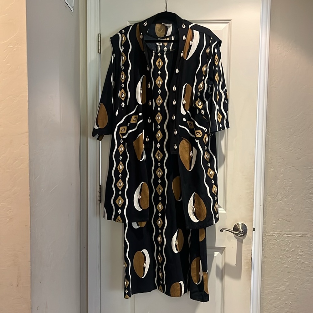 Traditional Three piece mud cloth ensemble- dress, vest, & scarf
